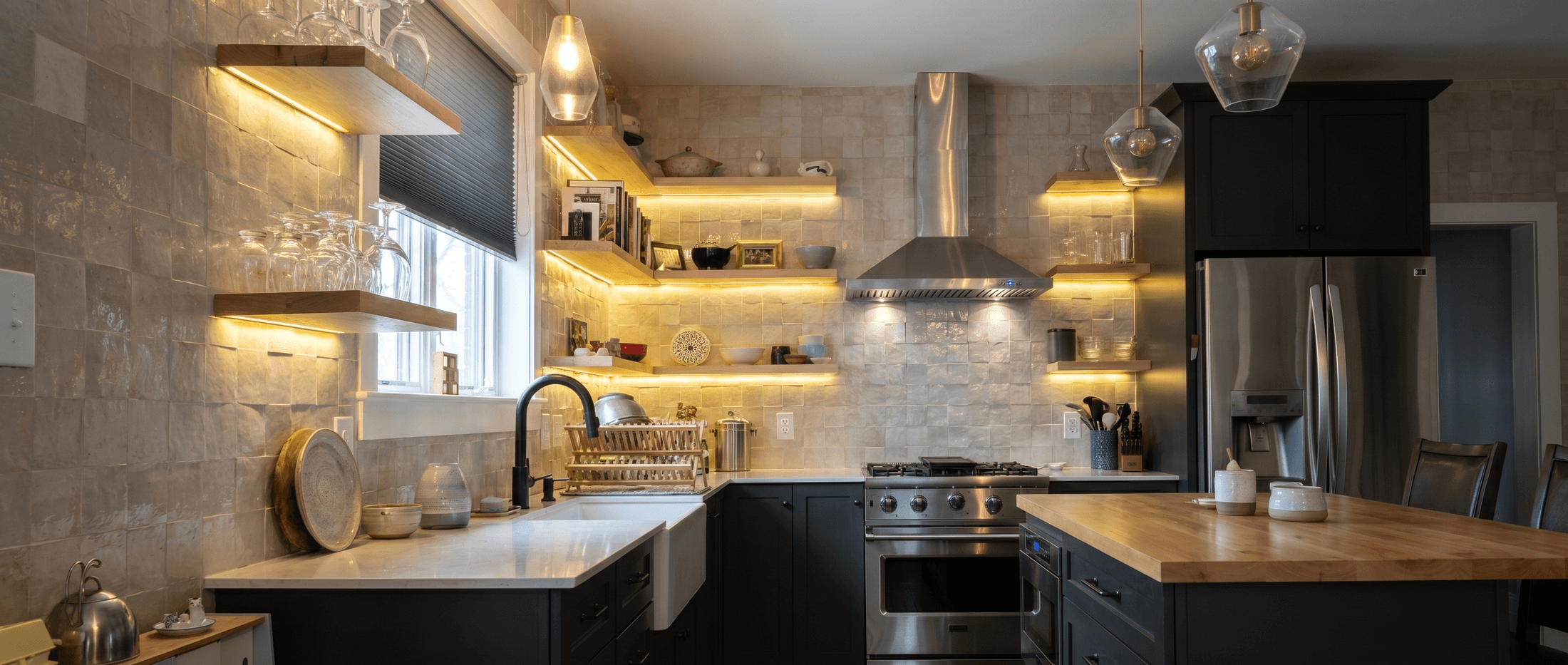 Floating Wood Shelves Handmade Tile Kitchen